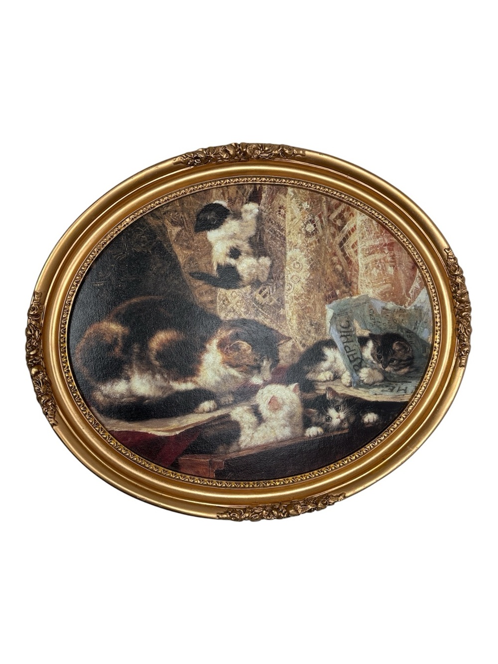 “UpTo No Good”-Knip VTG Oval Framed Cat Family oil on canvas Gold Frame 17 × 24